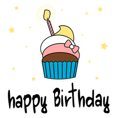 hand drawn lettering happy birthday card with cute cartoon colorful cupcake vector illustration

