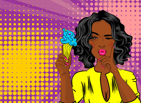 Beautiful black sexy positive slim girl thinking eat ice cream, pink lips style pop art. Healthy food. Comic book halftone background. Vector dot illustration. For comic text advertisement.