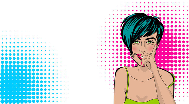 Beautiful sexy positive girl short hair hand close smile, pink lips style pop art. Comic book colored halftone background. Vector dot illustration. For comic text advertisement.