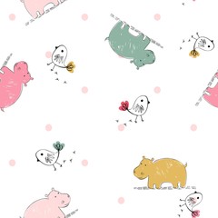 Vector seamless pattern with cartoon animals and birds