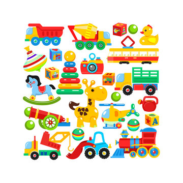 A set of children's toys arranged in the shape of a rectangle. Vector illustration.