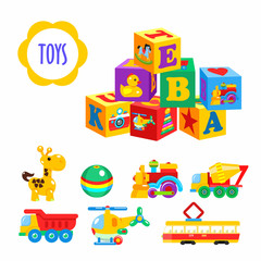 Set of vector children's toys. Isolated on a white background. Including cubes, locomotive, giraffe, cement mixer, dump truck, tram, helicopter, ball.