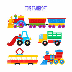Set of vector children's toys. Transport. Isolated on white background. Including the train, dump truck, truck, tram, excavator.