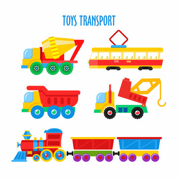 Set of vector children's toys. Transport. Isolated on white background. Including the train, dump truck, truck, tram, mixer, crane.