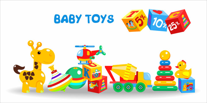 Toys, large set. Vector illustration. Including cubes, giraffe, mixer, ball, pyramid, duck, helicopter, ball. Discounts, sales.
