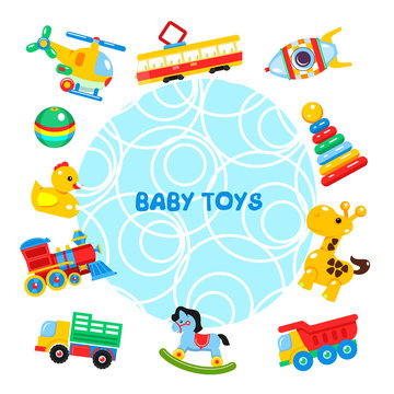 Vector illustration of toys arranged in a circle. Including helicopter, ball, duck, tram, locomotive, truck, dump truck, rocking horse, giraffe, pyramid, rocket.