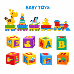 Set of vector children's toys. A set of cubes with colorful pictures and the alphabet. The train carries the toys, including a giraffe, duck, horse, pyramid.