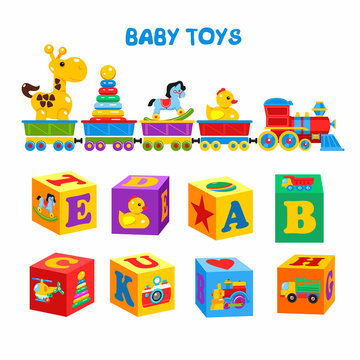 Set of vector children's toys. A set of cubes with colorful pictures and the alphabet. The train carries the toys, including a giraffe, duck, horse, pyramid.