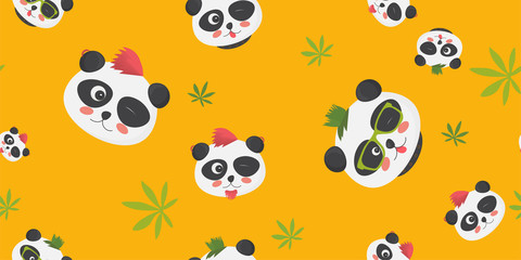 Fototapeta premium Pandas seamless pattern: cute panda bear faces with punk haircuts and green leaves on a yellow background.
