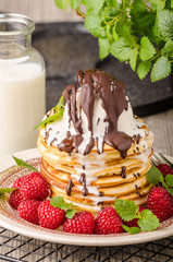 American pancakes with icecream and chocolate