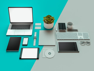 Workplace in office. 3D rendering. Specialists concept.