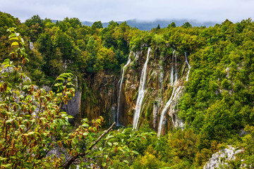 Fototapeta na wymiar Plitvice lakes waterfall natural green landscape, Croatia