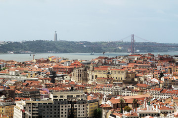 Fototapeta premium Lisbon Historical City and 25th of April Bridge Panorama, Portugal 