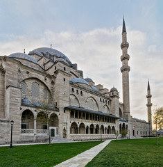 Fototapeta na wymiar Exterior day angled shot of Suleymaniye Mosque, an Ottoman imperial mosque located on the Third Hill of Istanbul, Turkey, and the second largest mosque in the city. built in 1557