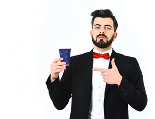 Bearded man, caucasian hipster with moustache and plastic coffee cup