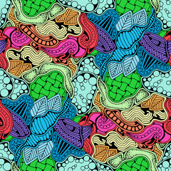 Abstract zen art doodle native seamless pattern. Waves, leaves and different textures