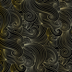 Seamless abstract hand-drawn pattern, waves background. Golden curly waves