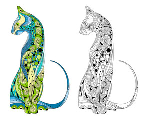 Stylized colorful doodle cat. Hand drawn cartoon animal illustration, coloring book page. Decorative ornate for T-shirt emblem, logo or tattoo. Zen art, isolated design