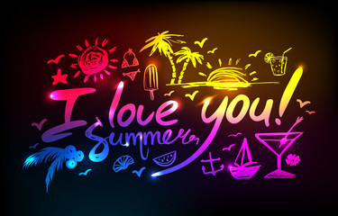 neon Lettering hello summer on a dark background. Beautiful background, invitation, banner, poster with signs and symbols of summer