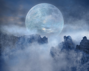 Naklejka premium Full moon on scary mountain peaks at night