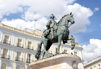 Statue of Carlos III at Puerta del Sol (Gateway of the Sun), Madrid, Spain. Carlos III (Charles III) was the King of Spain from 1759 to 1788.
