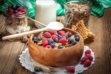 Tasty breakfast with milk and fruit.