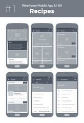 Wireframe UI kit for mobile phone. Mobile App Cooking. Recipes, categories, profile, buy products, video, directions screens