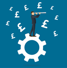 businessman looks through a telescope standing on gear icon and Pound icon background