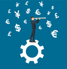 businessman looks through a telescope standing on gear icon and money symbol icon background