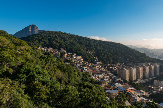 Rio de Janeiro Mountains with Slums and Corcovado with Christ the Redeemer statue