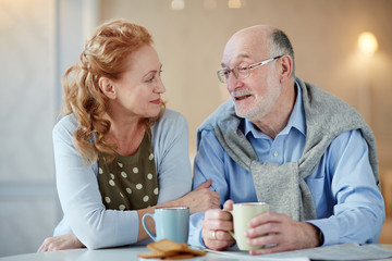 Affectionate senior couple talking while drinking tea
