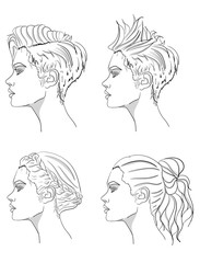 A set of different types of female hairstyles and styling on hair. Outline eps 10 illustration
