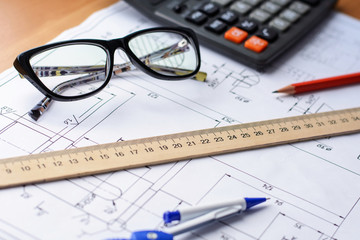 Engineering drawing equipment, paper, ruler and pencil