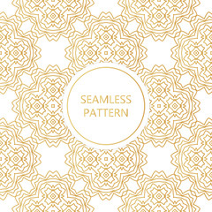 Golden seamless pattern on white background, islamic, oriental, eastern style.Template with luxury foil for packaging, fashion, greetings, cover, wedding. Vector illustration