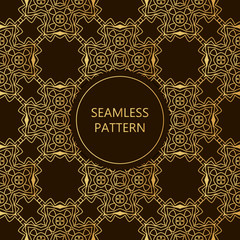 Golden seamless pattern on dark background, islamic, oriental, eastern style.Template with luxury foil for packaging, fashion, greetings, cover, wedding. Vector illustration