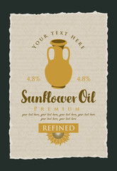 vector label for refined sunflower oil with a jug, sunflower and the inscription on the background texture with handwriting