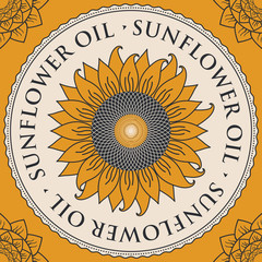 square vector banner for refined sunflower oil with sunflower inscribed in a round frame on a yellow background