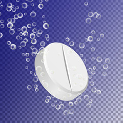 Effervescent Soluble Tablet Pill. Sparkling Water Bubbles Trails. Vitamin C Or Acetylsalicylic Acid aspirin Pill Falling Down In Water On Transparent Background. 3D Realistic Illustration