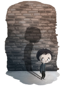ni&ntilde;o triste con fondo de ladrillos