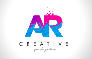 AR A R Letter Logo with Shattered Broken Blue Pink Texture Design Vector.