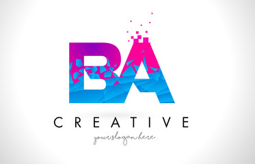 BA B A Letter Logo with Shattered Broken Blue Pink Texture Design Vector.