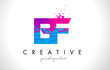BF B F Letter Logo with Shattered Broken Blue Pink Texture Design Vector.