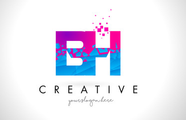BH B H Letter Logo with Shattered Broken Blue Pink Texture Design Vector.