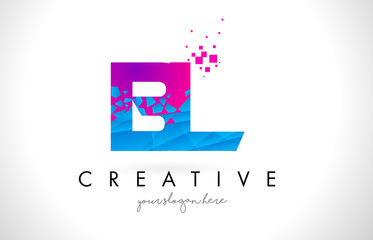 BL B L Letter Logo with Shattered Broken Blue Pink Texture Design Vector.