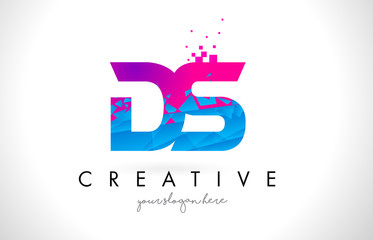 DS D S Letter Logo with Shattered Broken Blue Pink Texture Design Vector.