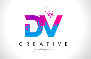 DV D V Letter Logo with Shattered Broken Blue Pink Texture Design Vector.