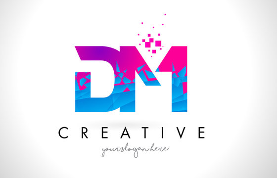 DM D M Letter Logo with Shattered Broken Blue Pink Texture Design Vector.