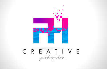 FH F H Letter Logo with Shattered Broken Blue Pink Texture Design Vector.