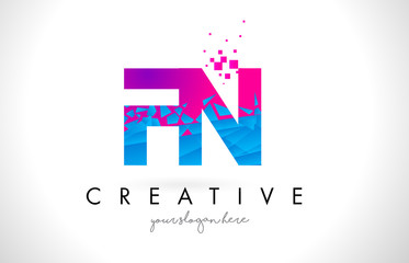 FN F N Letter Logo with Shattered Broken Blue Pink Texture Design Vector.