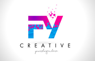 FY F Y Letter Logo with Shattered Broken Blue Pink Texture Design Vector.